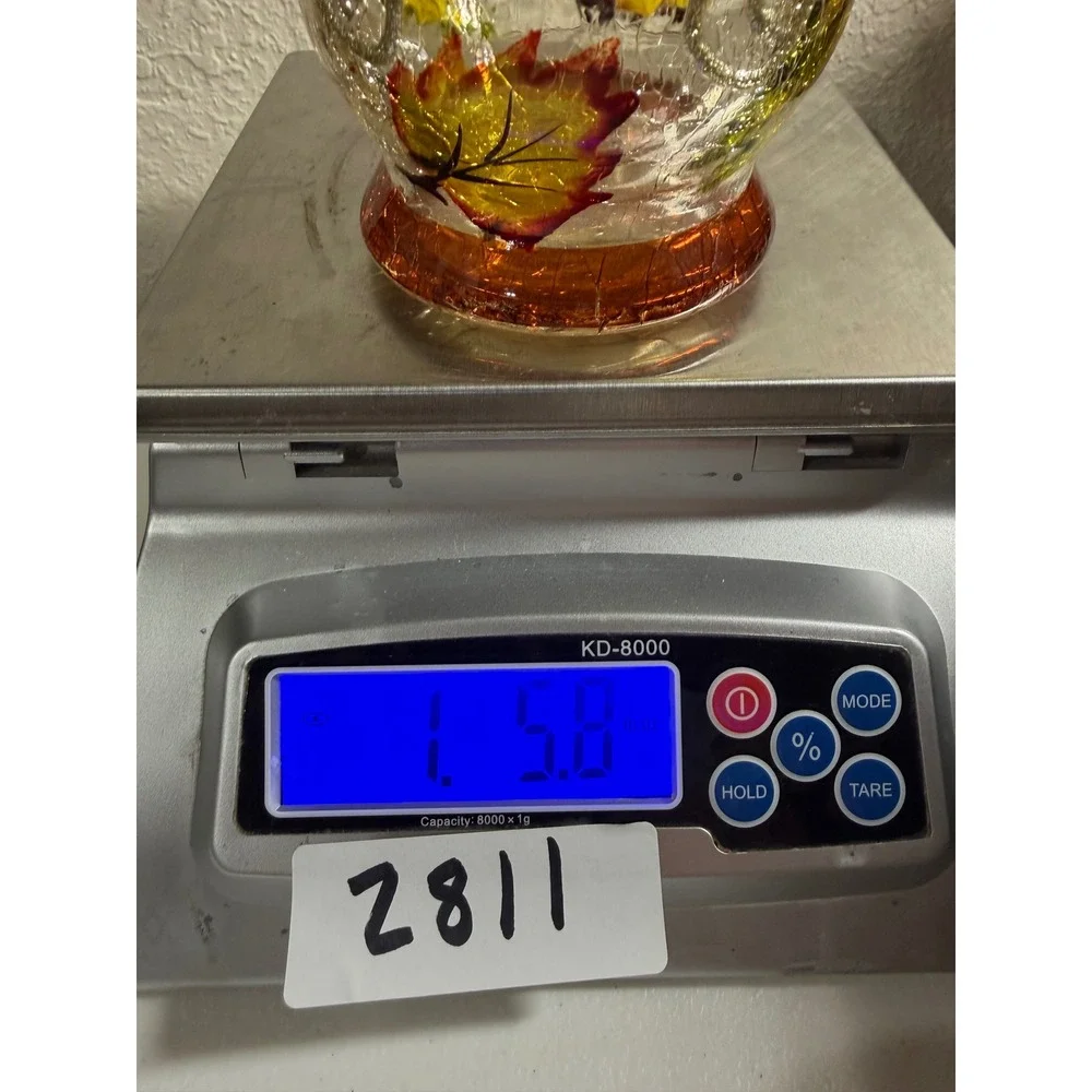 Autumn Crackle Glass Hurricane Vase Fall Leaves Glitter Swirls Amber Harvest